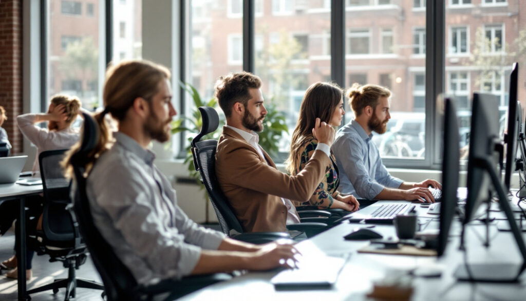Kantoormedewerkers zitten aan bureaus met ergonomische stoelen en werken achter computerschermen in een moderne kantoorruimte.