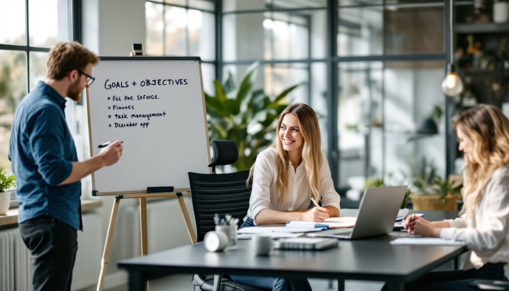 Man presenteert doelen en taken op whiteboard tijdens een teamvergadering in een moderne kantooromgeving