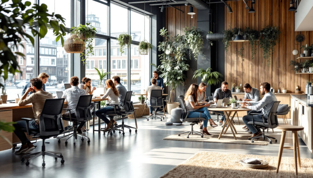 moderne kantoorruimte met veel natuurlijk licht, ergonomische bureaustoelen en groene planten waar mensen samenwerken aan tafels