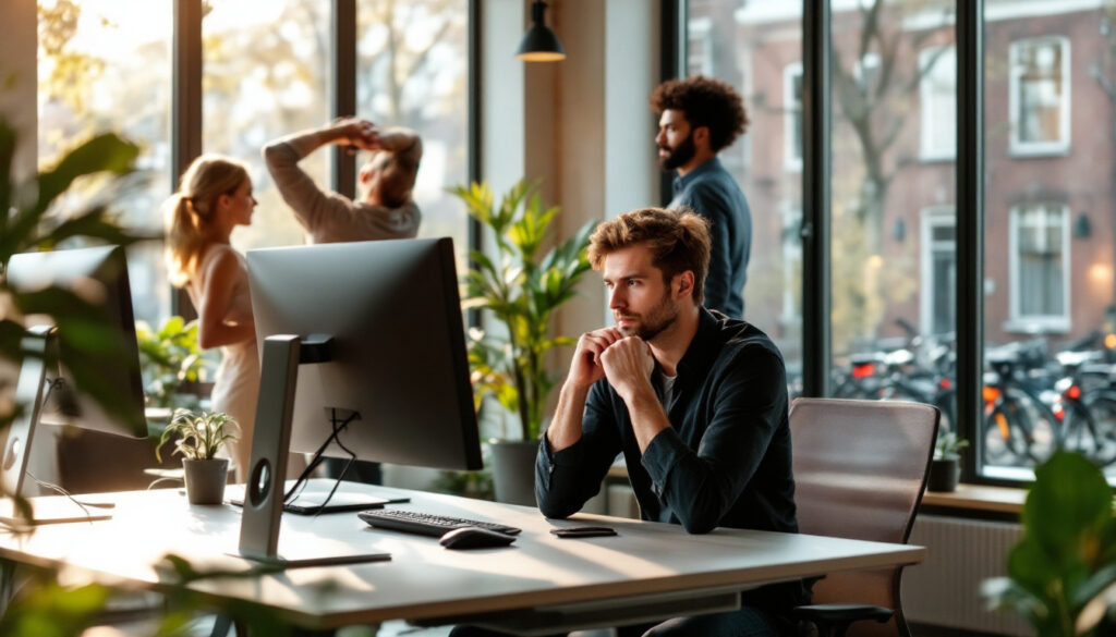 Man zit in een verkeerde houding achter een bureau in een moderne kantooromgeving met grote ramen en groen decor.