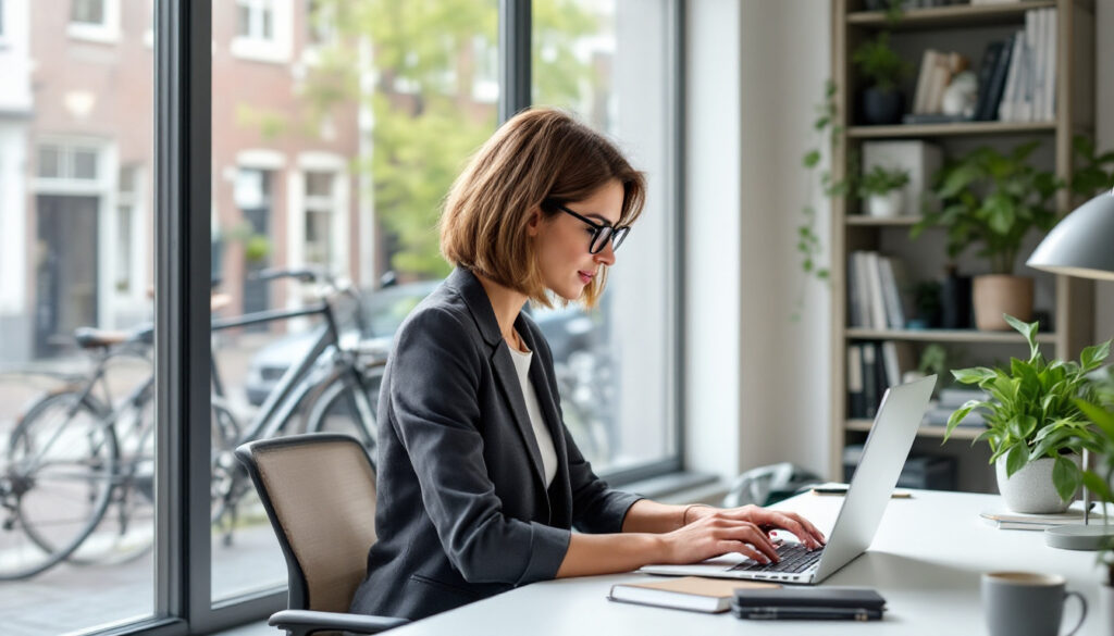 Een vrouw werkt op haar laptop in een modern thuiskantoor met grote ramen en veel natuurlijk licht