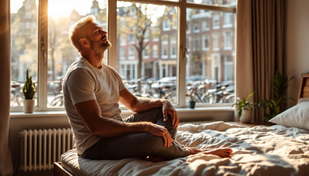 Een man zit ontspannen op bed bij een groot raam met ochtendzon en uitzicht op een straat met fietsen en bomen.