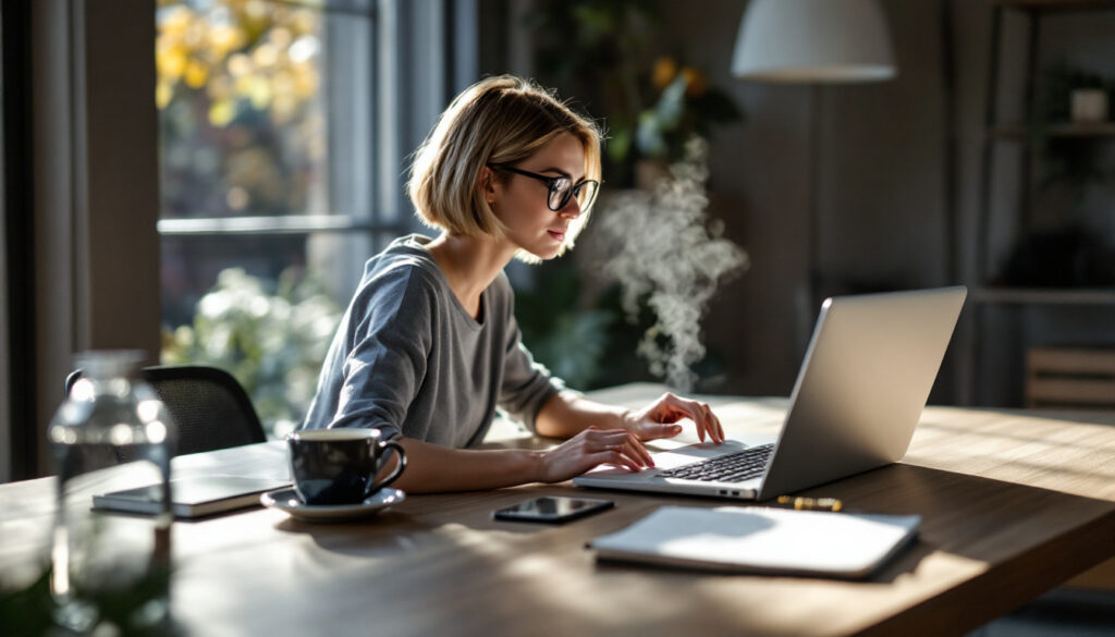 Een vrouw werkt op een laptop aan een houten tafel met een kop koffie en notitieboek in een verlichte thuiswerkruimte