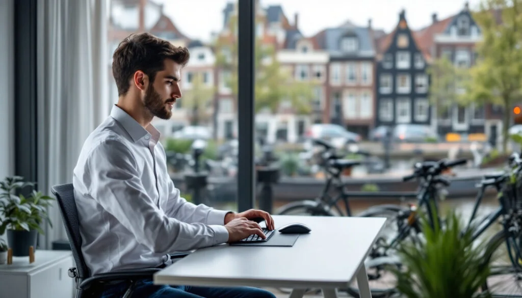 een man zit aan een bureau en gebruikt een muis en toetsenbord bij een groot raam met uitzicht op grachten en fietsen