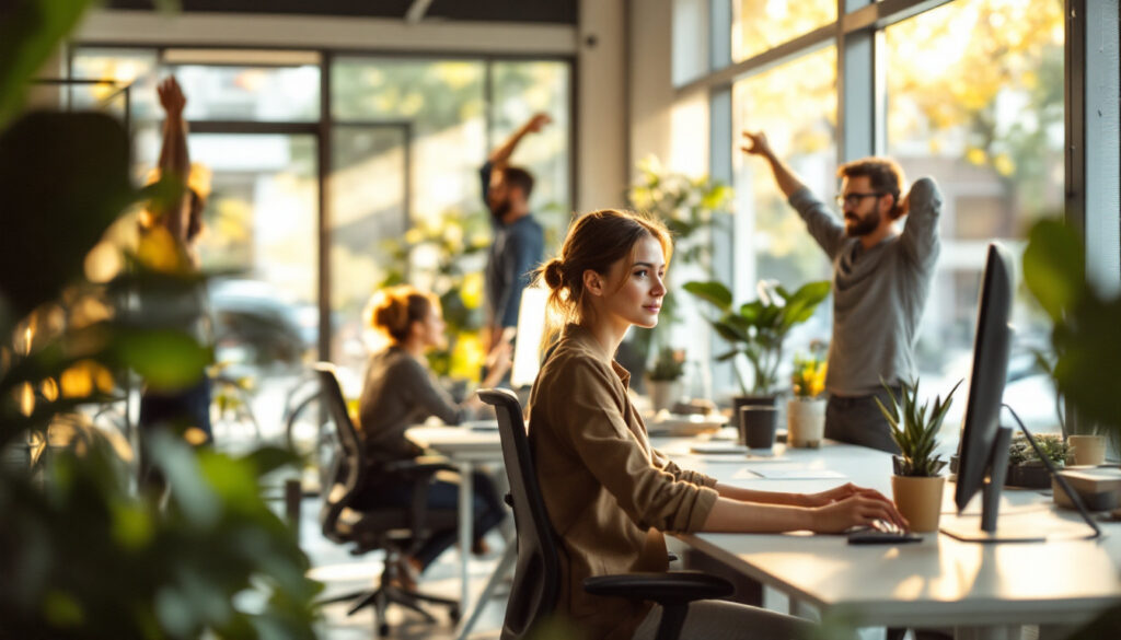 een vrouw werkt achter een computer in een ergonomisch ingerichte kantoorruimte met natuurlijk licht en collega’s die stretchoefeningen doen