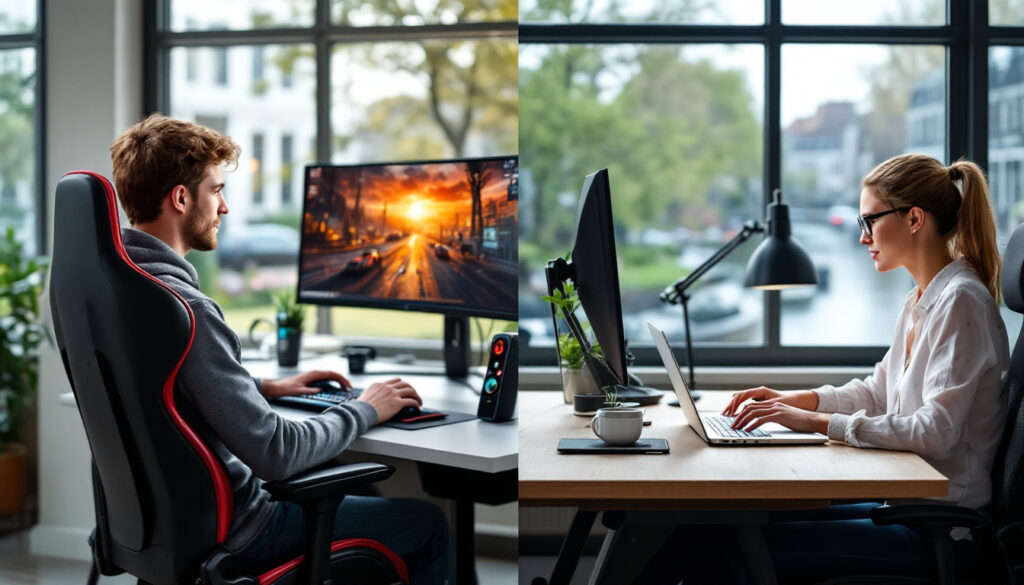 Een man gamet in een gamestoel met een gebogen rugleuning, terwijl een vrouw werkt op een laptop in een ergonomische bureaustoel.