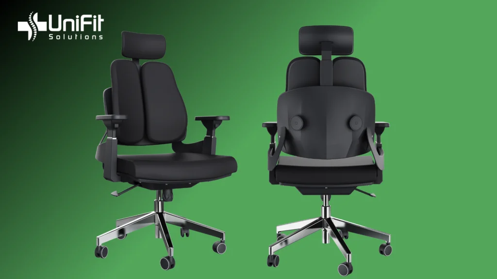 De bureaustoel met duale rugleuning van UniFit Solutions.