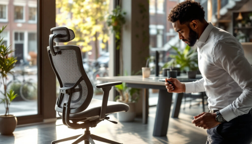 Een ergonomische bureaustoel met mesh rugleuning en hoofdsteun in een moderne kantoorruimte met grote ramen.