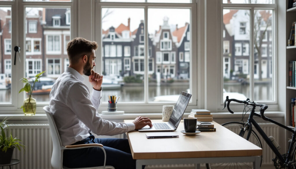 een man werkt thuis aan een laptop aan een bureau bij een groot raam met uitzicht op grachtenpanden