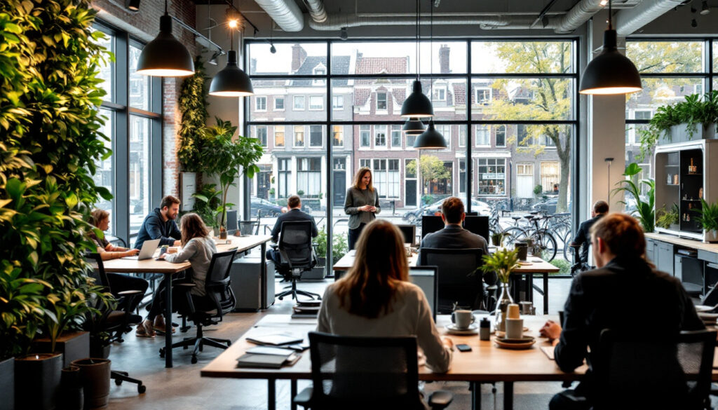 modern kantoor met flexibele werkplekken, groene planten en grote ramen met uitzicht op een stadsstraat