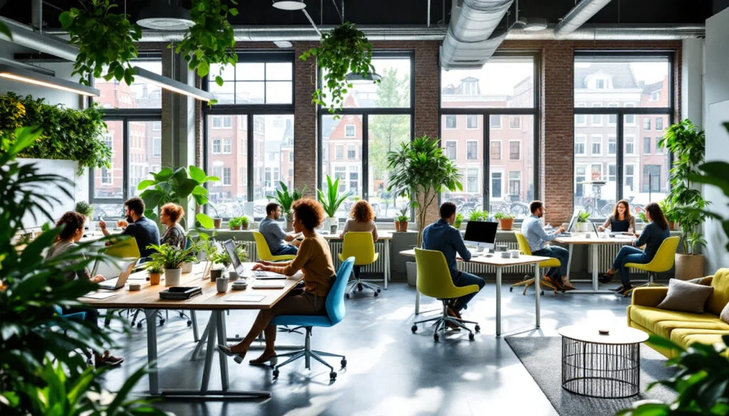 Open kantoorruimte met veel natuurlijk licht, groene planten en ergonomische bureaustoelen, waar mensen samenwerken aan laptops.