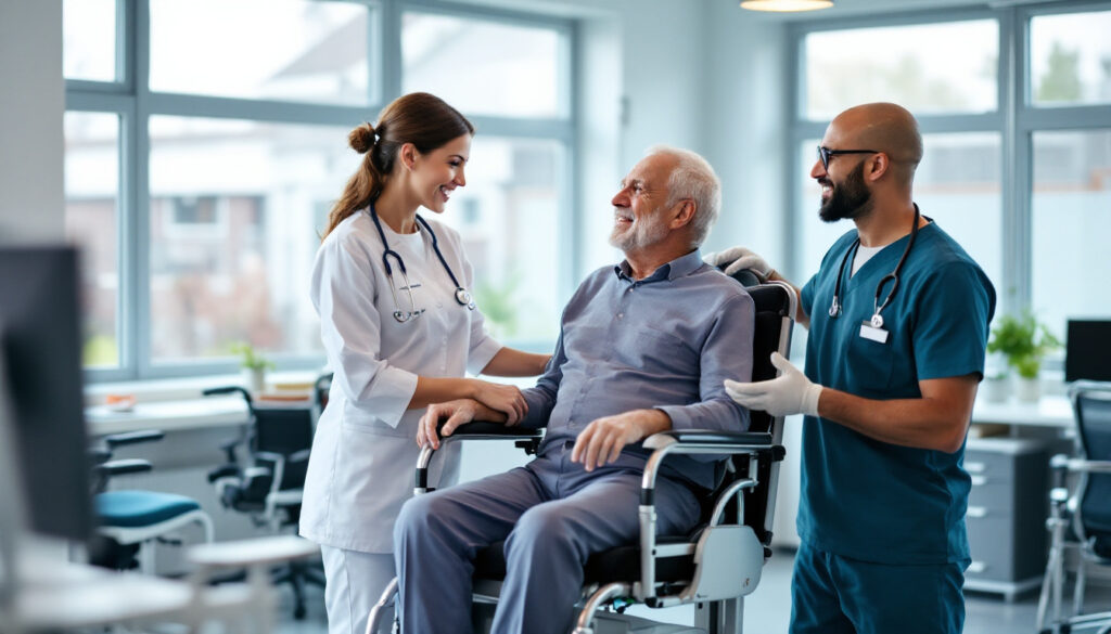 zorgmedewerkers ondersteunen een oudere man in een rolstoel in een lichte, moderne zorginstelling
