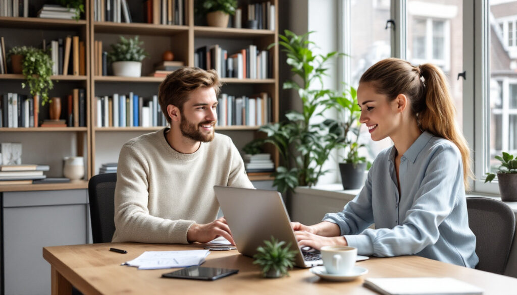 Twee mensen werken samen aan een laptop in een thuiswerkomgeving met boekenplanken en planten op de achtergrond