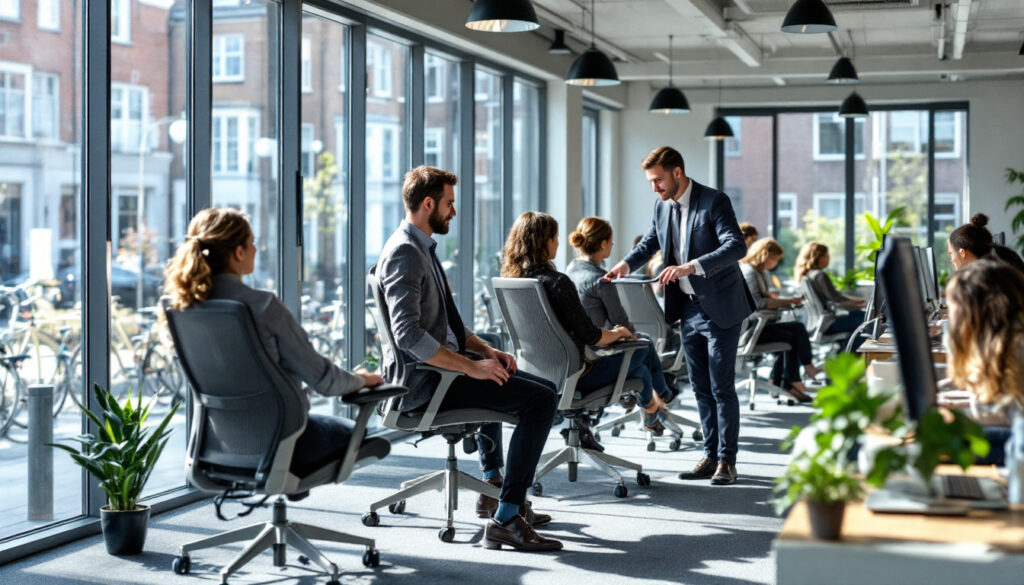 werknemers zitten op ergonomische bureaustoelen in een modern kantoor terwijl een man collega’s instructies geeft
