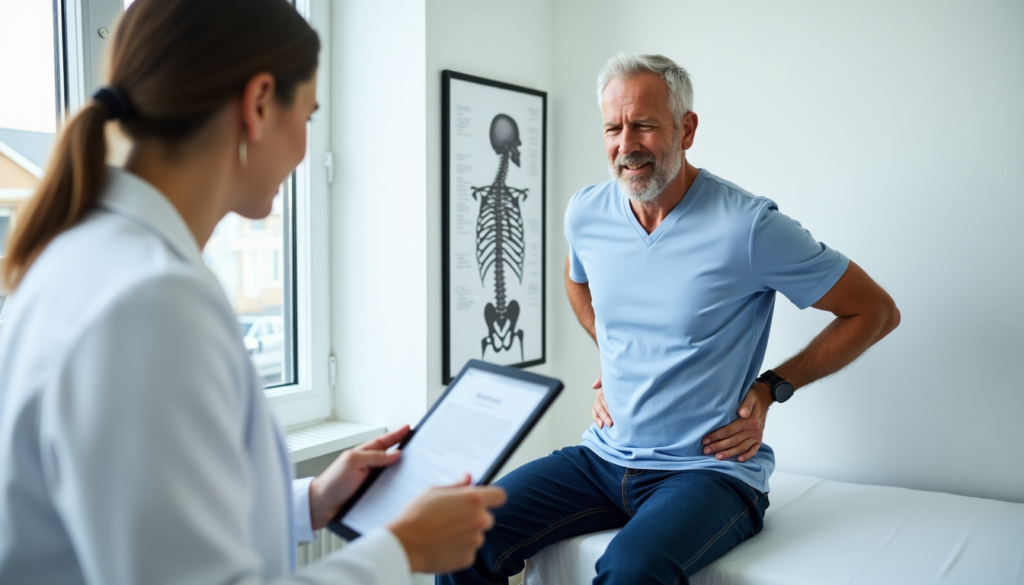 Man zit met rugklachten op een behandeltafel waar de dokter hem vragen stelt over zijn rugpijn.