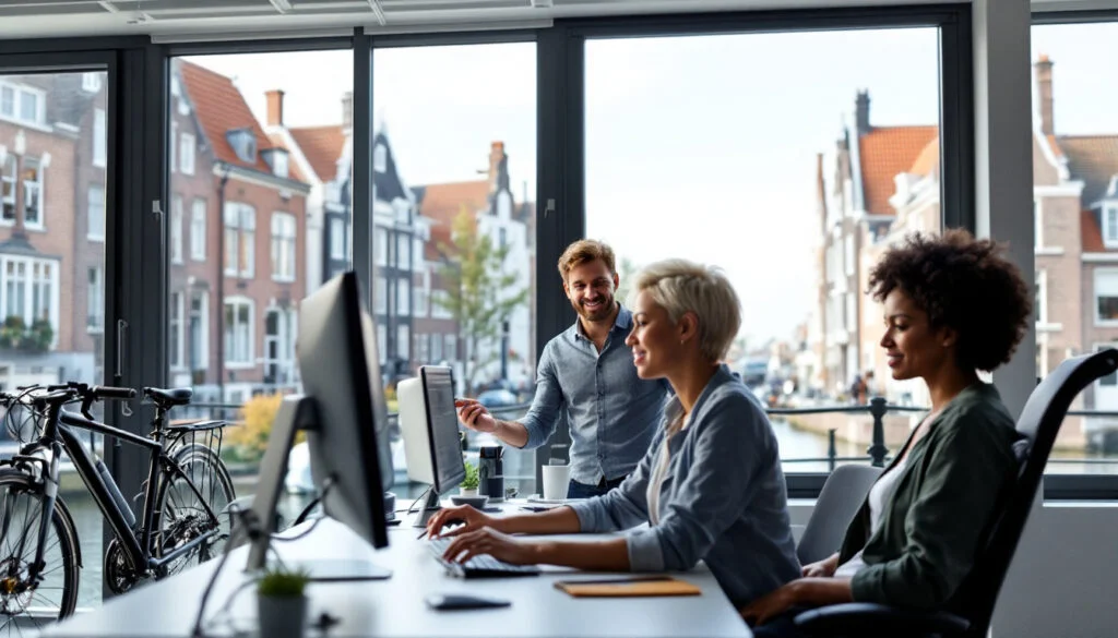 Drie collega’s werken aan ergonomische werkplekken met verstelbare stoelen en grote schermen in een modern kantoor aan een gracht