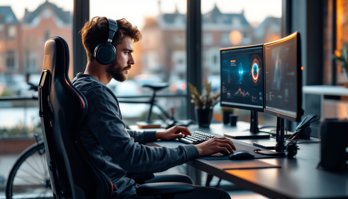 Een man met een koptelefoon zit in een ergonomische gaming stoel en werkt op een computer met twee monitoren.