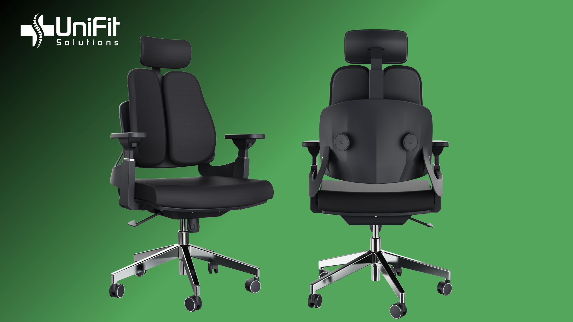 De bureaustoel met duale rugleuning van UniFit Solutions.