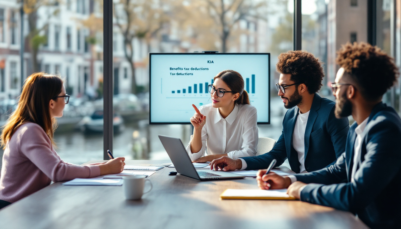 groep ondernemers bespreekt kleinschaligheidsinvesteringsaftrek met grafiek over belastingaftrek op scherm in modern kantoor aan gracht