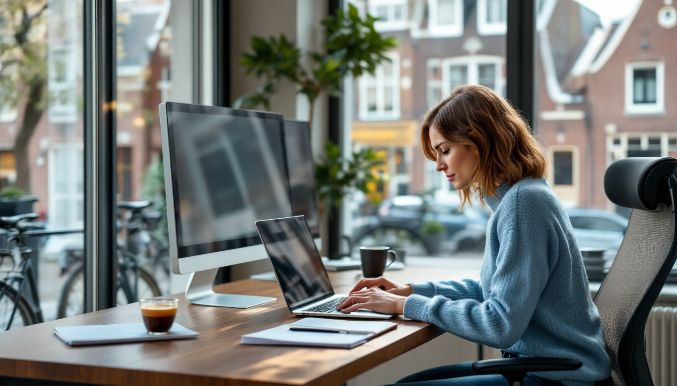 Een vrouw werkt thuis aan een laptop in een moderne, ergonomische werkplek met een groot raam en uitzicht op een stadsstraat.
