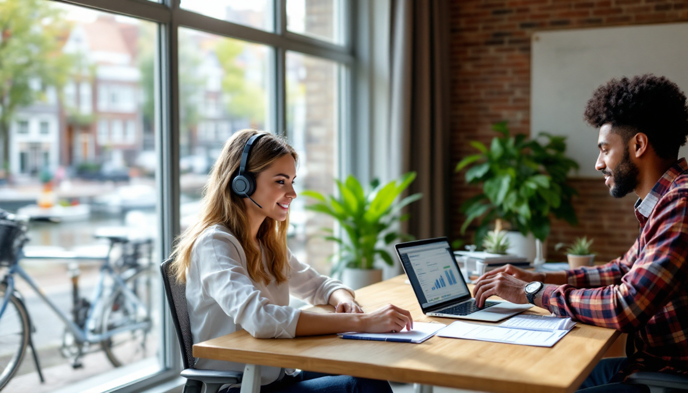 Twee mensen werken op laptops aan een thuiswerkplek, vrouw draagt headset voor klantenservice