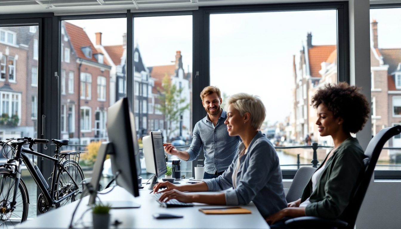 Drie collega’s werken aan ergonomische werkplekken met verstelbare stoelen en grote schermen in een modern kantoor aan een gracht